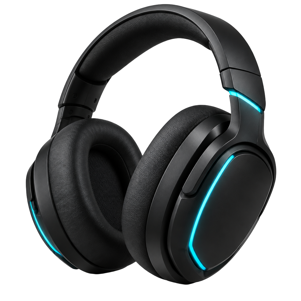 Headphone gamer preto com luzes azuis neon